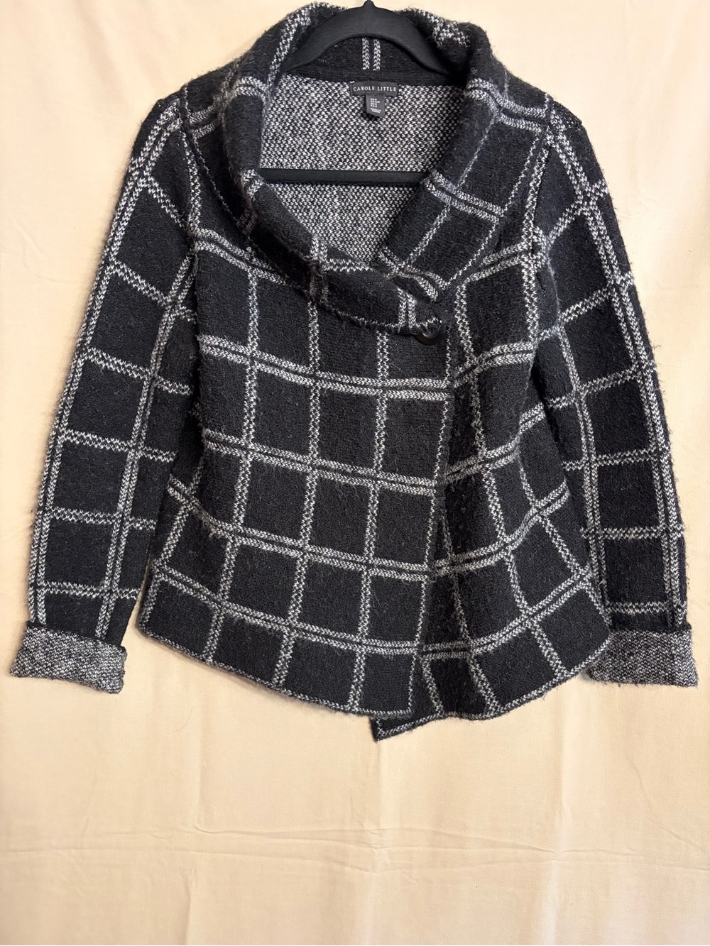 Carole Little Black and White Windowpane Checked Wool Blend Sweater Jacket